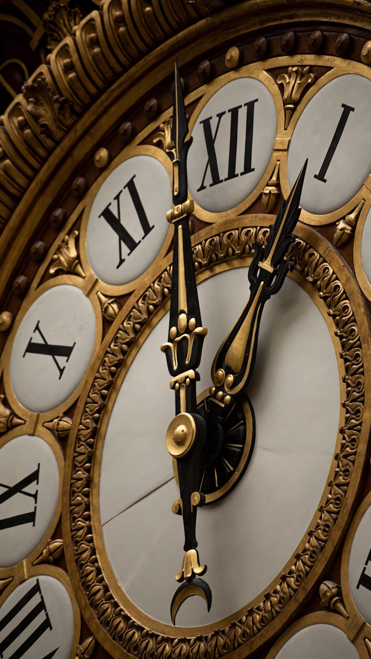 close up photo of a clock with roman numerals